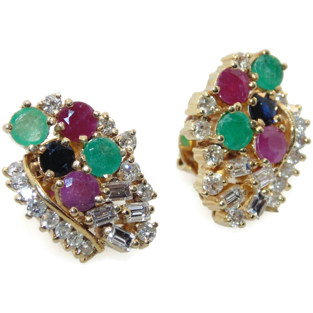 Vintage Estate Emerald Ruby Sapphire Diamond Post Earrings in 14k Yellow Gold