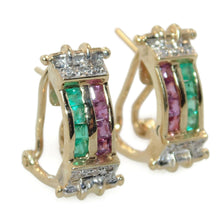 Load image into Gallery viewer, Vintage Estate Emerald Ruby Diamond Post Earrings in 18k Yellow Gold
