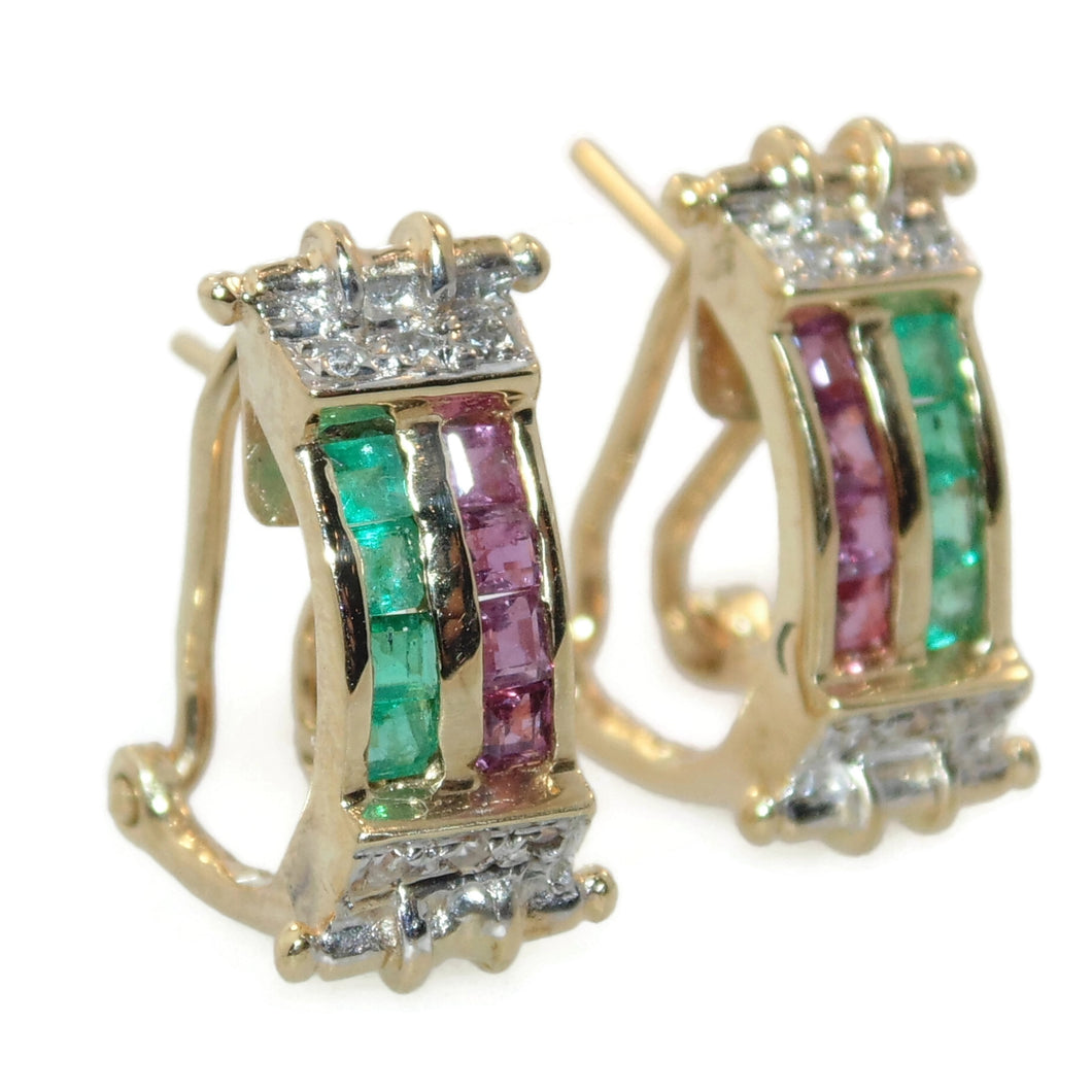 Vintage Estate Emerald Ruby Diamond Post Earrings in 18k Yellow Gold