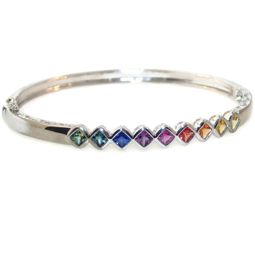White Gold Rainbow Sapphire Princess Cut Bangle Bracelet