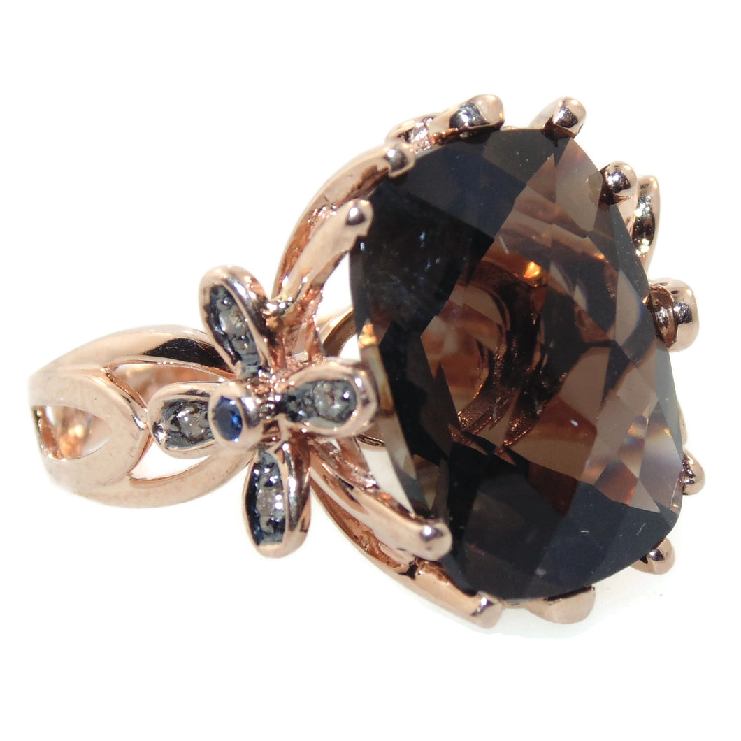 Smokey Topaz Diamonds Sapphire Ornate Statement Ring in 14k Rose Gold