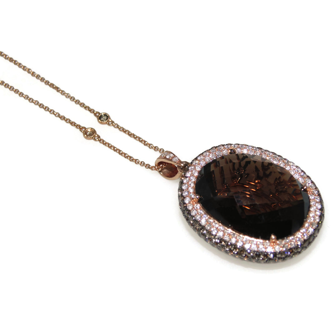 Massive Smokey Topaz Double Halo Statement Pendant Chain Necklace in 14k Rose Gold