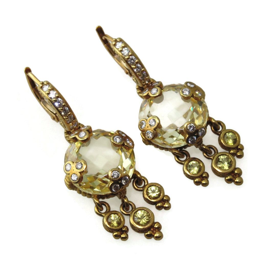 Lime Quartz and Diamonds Dangle Statement Earrings in 14k Yellow Gold