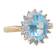 Load image into Gallery viewer, Estate Blue Topaz Ring in 14k Yellow Gold Diamond Halo
