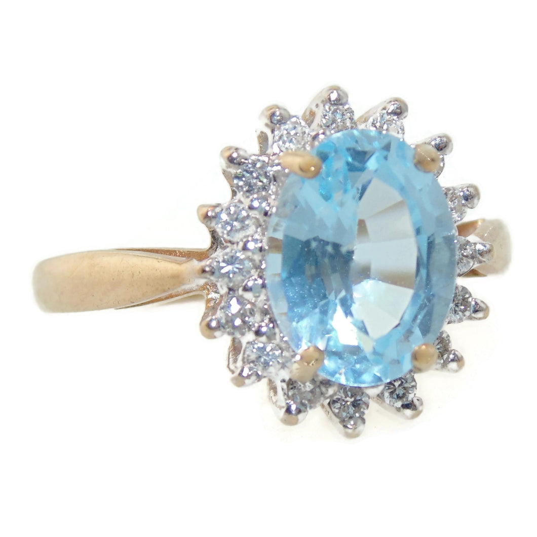 Estate Blue Topaz Ring in 14k Yellow Gold Diamond Halo