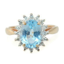 Load image into Gallery viewer, Estate Blue Topaz Ring in 14k Yellow Gold Diamond Halo
