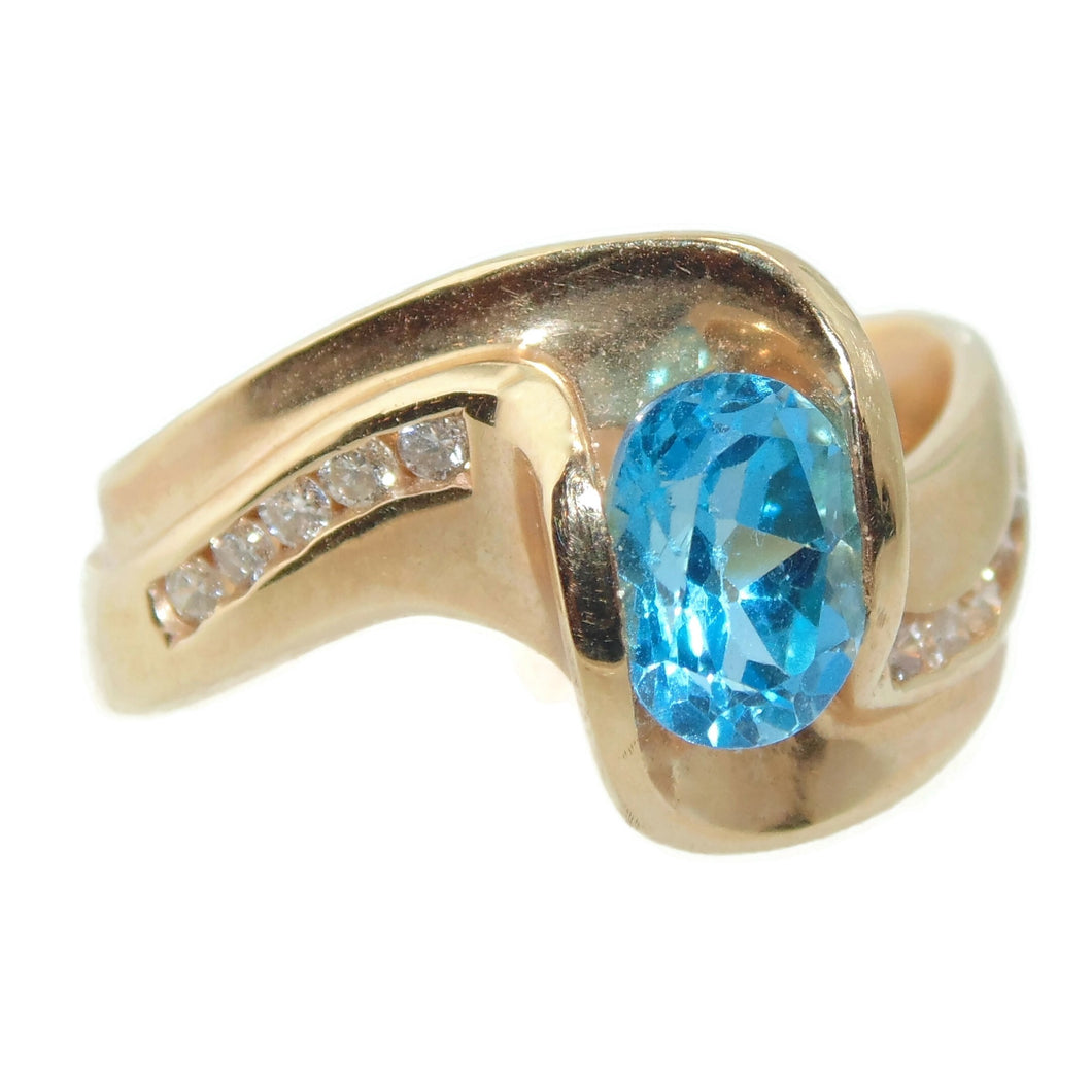 Estate Wavy Blue Topaz Ring in 14k Yellow Gold Diamond Accents
