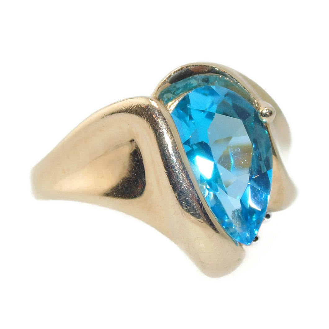 Estate Pear Shaped Blue Topaz Ring in 14k Yellow Gold Diamond Accents