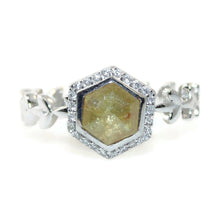 Load image into Gallery viewer, Hexagon Yellow Diamond Ring in Cut Out Nature Shapes 14k White Gold Band
