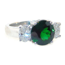 Load image into Gallery viewer, Large Green Tsavorite Garnet and Diamond Oval Three Stone Ring in Platinum
