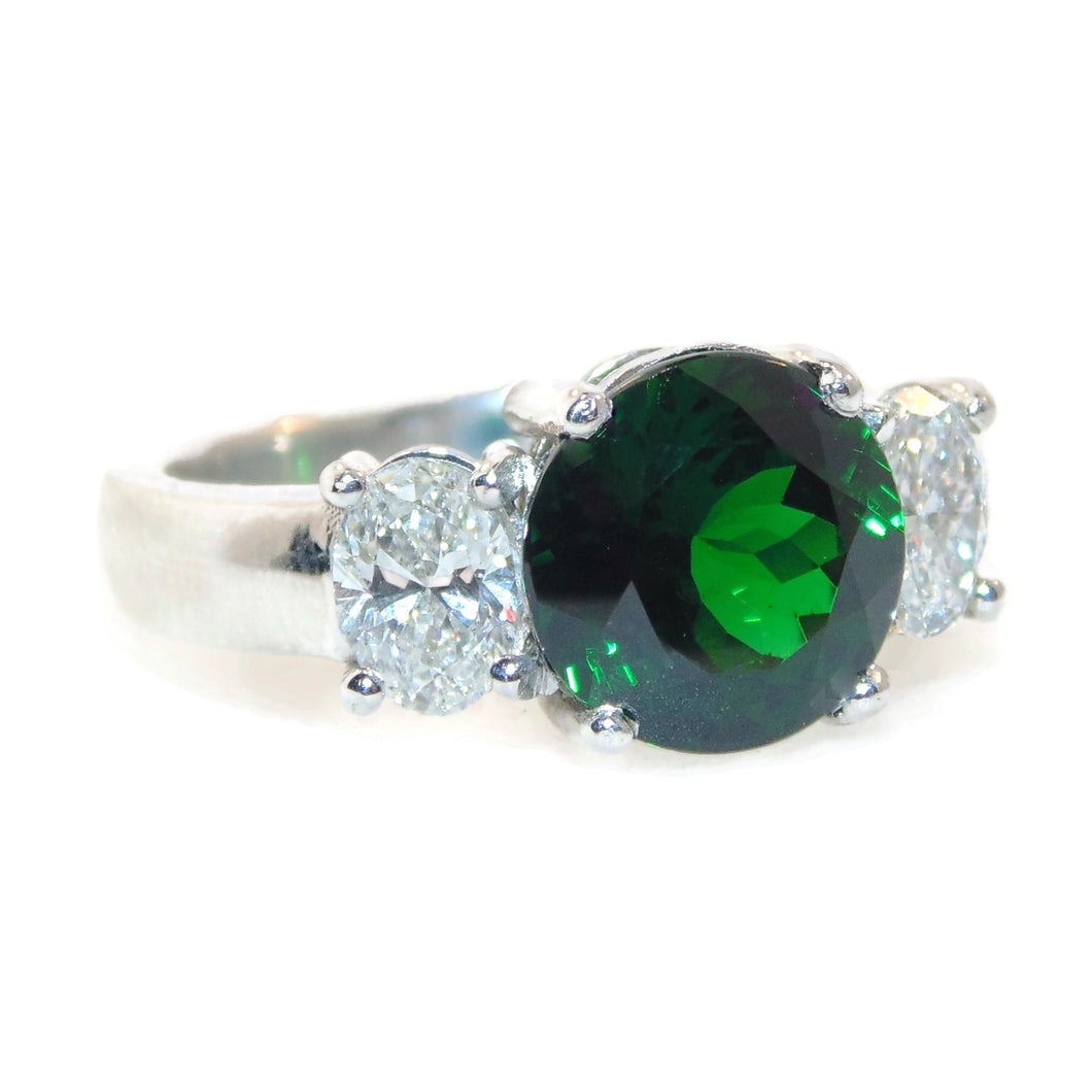 Large Green Tsavorite Garnet and Diamond Oval Three Stone Ring in Platinum