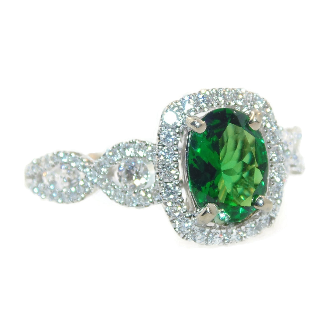 Oval Green Tsavorite Garnet Diamond Ring Halo in 18k White Gold
