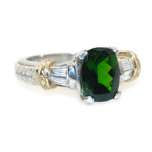 Load image into Gallery viewer, Green Tsavorite Garnet Cushion Ring with a Baguette Diamond in 18k Yellow Gold and Platinum
