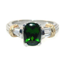 Load image into Gallery viewer, Green Tsavorite Garnet Cushion Ring with a Baguette Diamond in 18k Yellow Gold and Platinum
