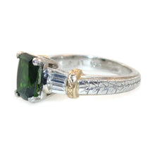 Load image into Gallery viewer, Green Tsavorite Garnet Cushion Ring with a Baguette Diamond in 18k Yellow Gold and Platinum
