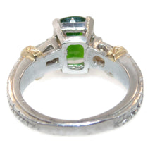 Load image into Gallery viewer, Green Tsavorite Garnet Cushion Ring with a Baguette Diamond in 18k Yellow Gold and Platinum
