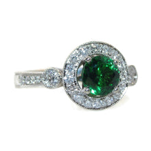 Load image into Gallery viewer, Round Green Tsavorite Garnet Diamond Ring Halo in 18k White Gold
