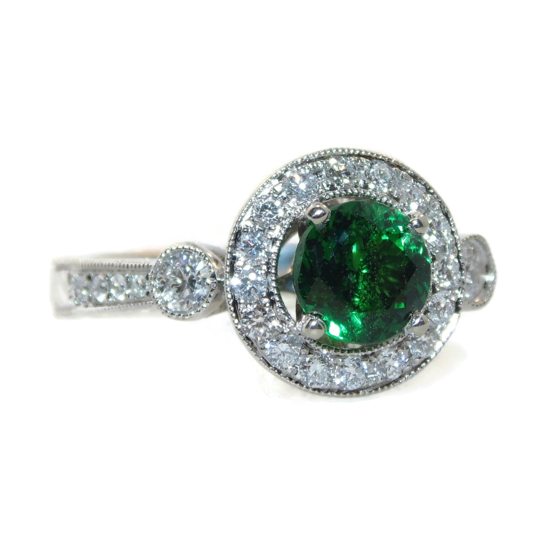 Round Green Tsavorite Garnet Diamond Ring Halo in 18k White Gold
