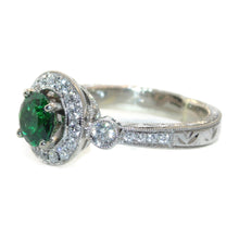 Load image into Gallery viewer, Round Green Tsavorite Garnet Diamond Ring Halo in 18k White Gold
