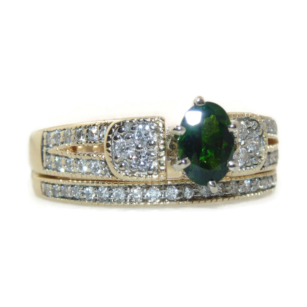 Green Tsavorite Garnet Ring with Diamond in 14k Yellow Gold