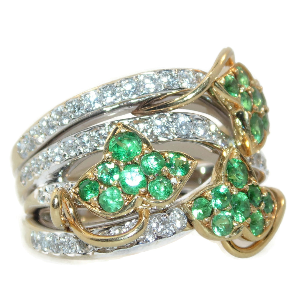 Green Tsavorite Garnet Ring with Diamond in 14k Yellow and White Gold