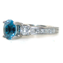 Load image into Gallery viewer, Blue Zircon Oval Ring with Diamond Accents in 18k White Gold
