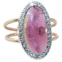 Load image into Gallery viewer, Gorgeous large Pink Tourmaline Slice Ring with Diamond Halo in 14k Rose Gold
