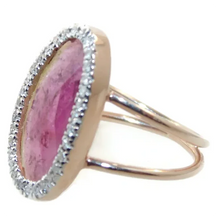 Load image into Gallery viewer, Gorgeous large Pink Tourmaline Slice Ring with Diamond Halo in 14k Rose Gold
