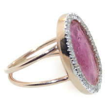 Load image into Gallery viewer, Gorgeous large Pink Tourmaline Slice Ring with Diamond Halo in 14k Rose Gold
