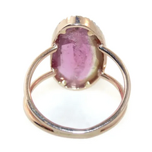 Load image into Gallery viewer, Gorgeous large Pink Tourmaline Slice Ring with Diamond Halo in 14k Rose Gold
