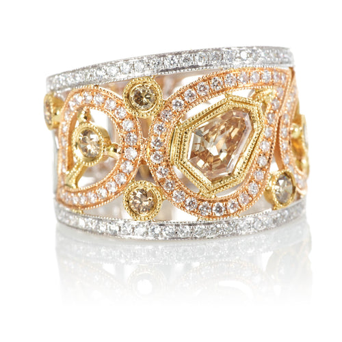 18K Tri Color Champagne and Yellow Slice Diamond Wide Band Ring