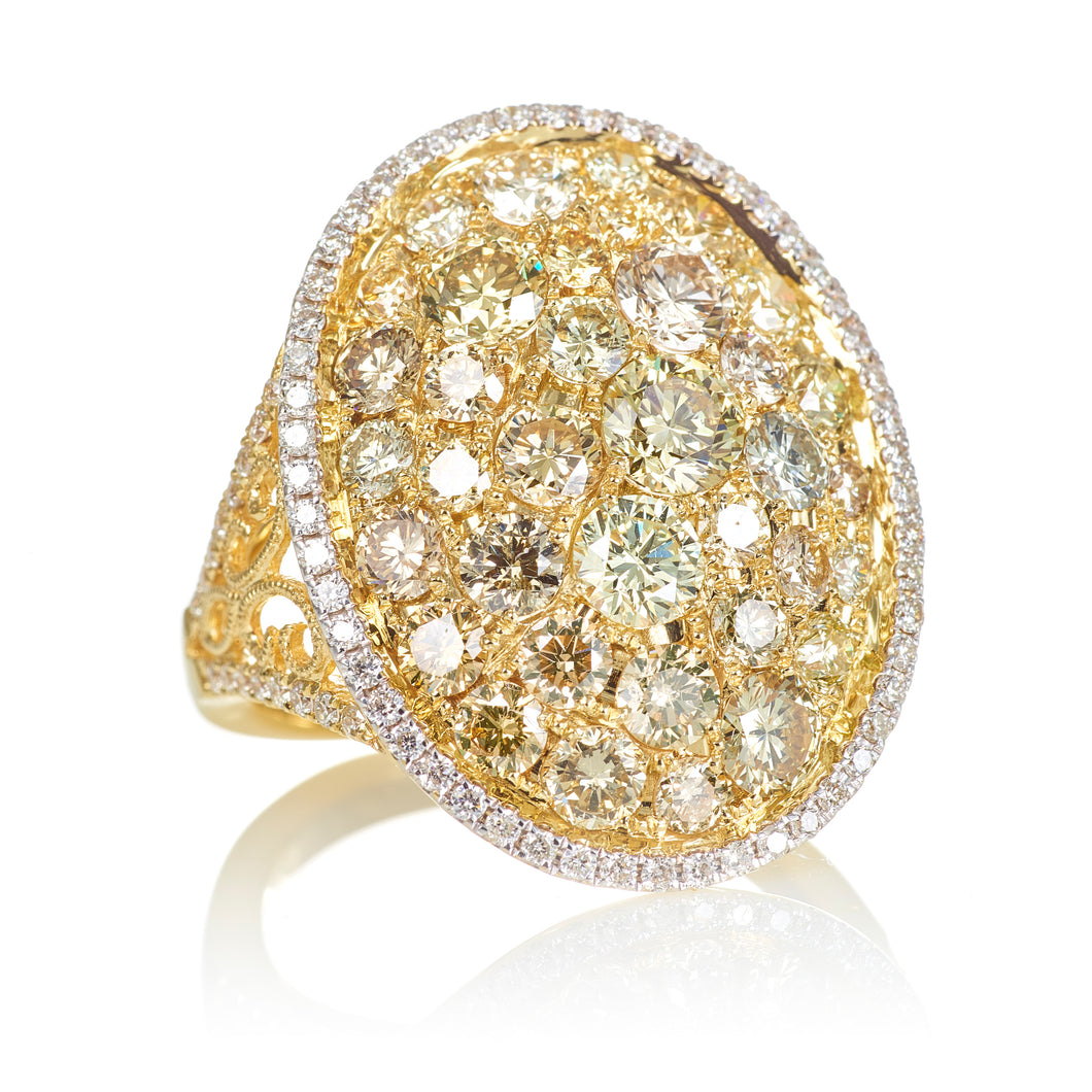 18K Yellow Gold Canary Yellow and White Diamond Cluster Cocktail Ring with Halo