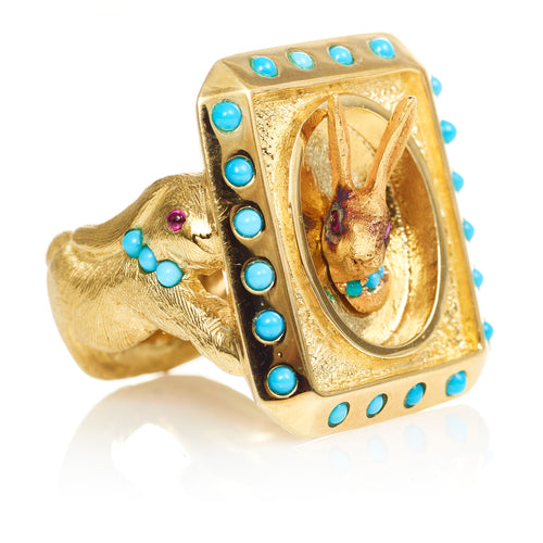 Unique Custom Estate Statement Men's 3D Rabbit Turquoise and Ruby Ring 