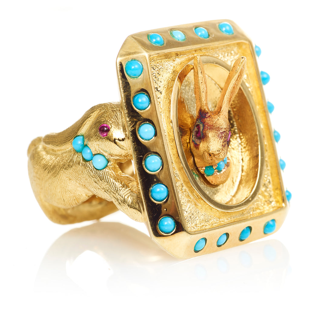 Unique Custom Estate Statement Men's 3D Rabbit Turquoise and Ruby Ring with Custom Rabbit Shaped Shank