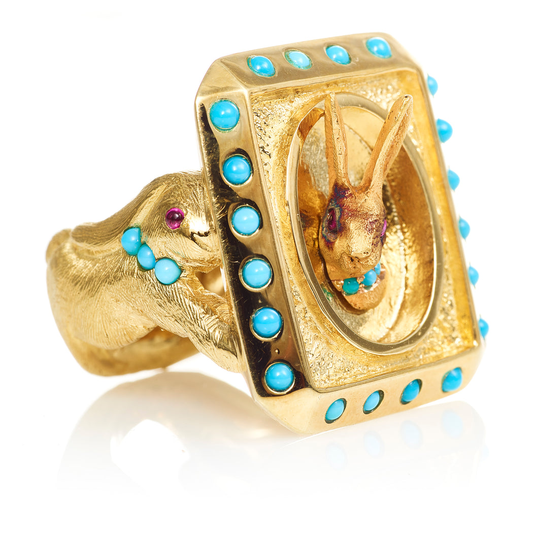 Unique Custom Estate Statement Men's 3D Rabbit Turquoise and Ruby Ring with Custom Rabbit Shaped Shank