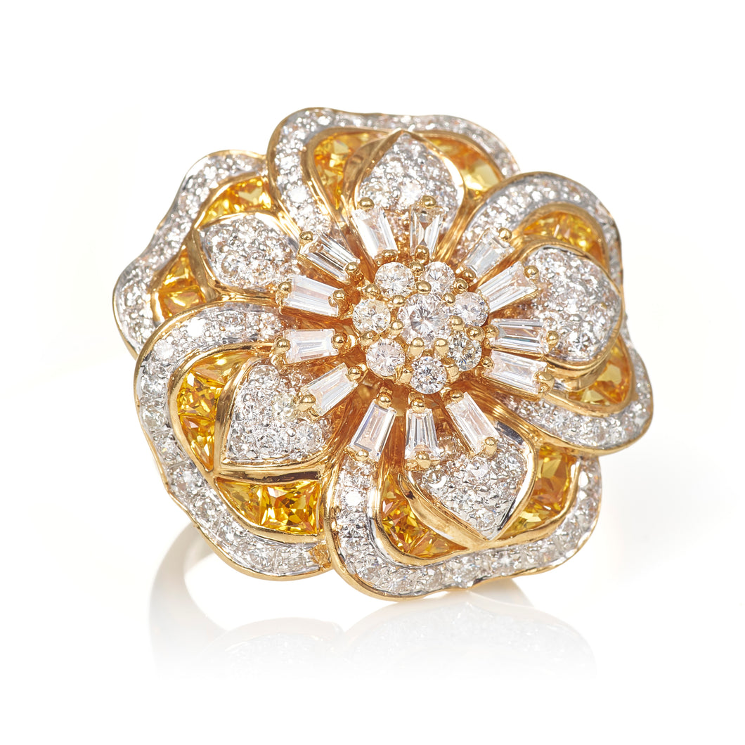 18K Yellow Gold Flower Canary and White Diamond Cluster Cocktail Ring Ring