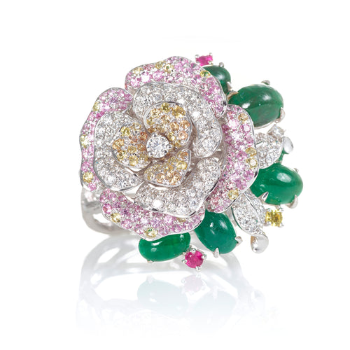 18k White Gold Cabochon Jade Sapphire Diamond and Ruby Cluster Flower Ring