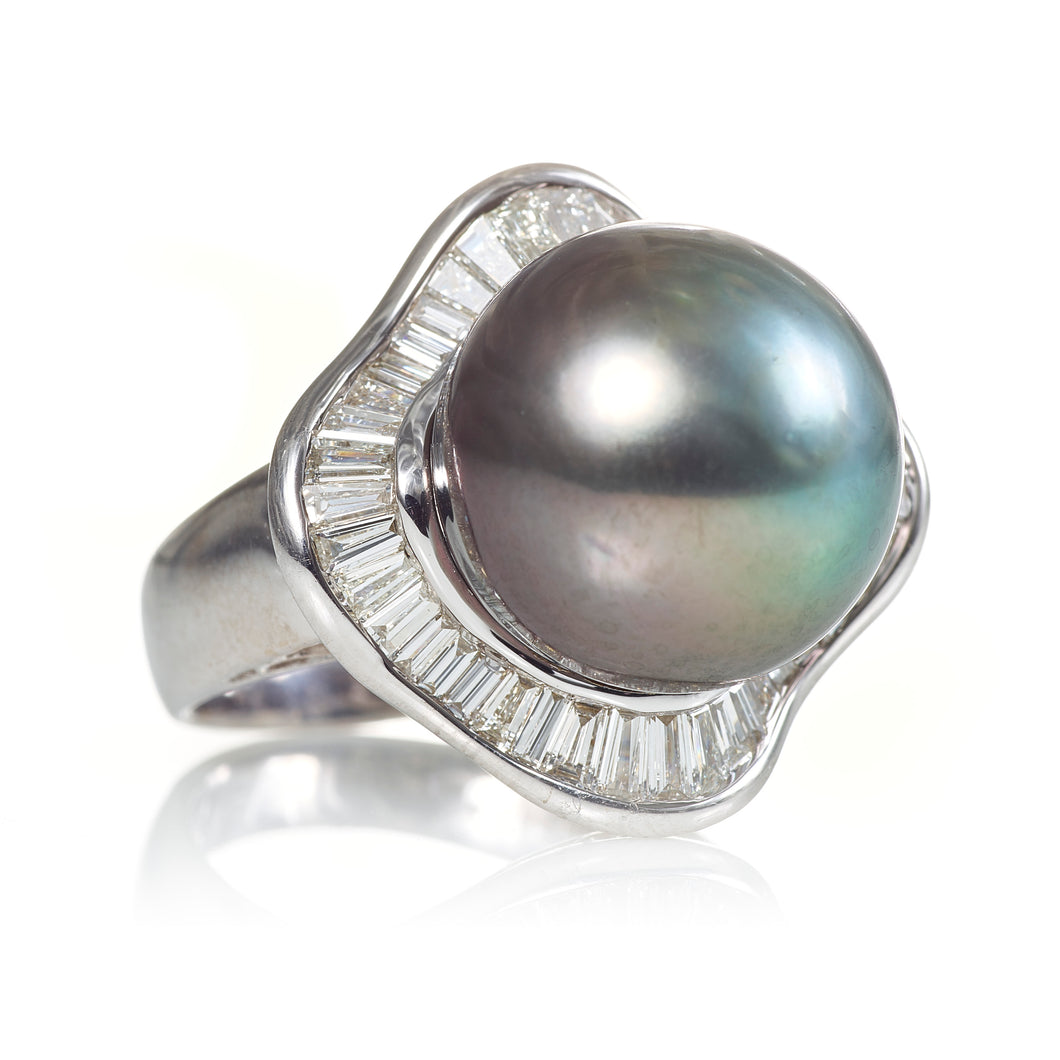 Tahitian Pearl and Baguette Diamond Wave Ring Made in 18K White Gold