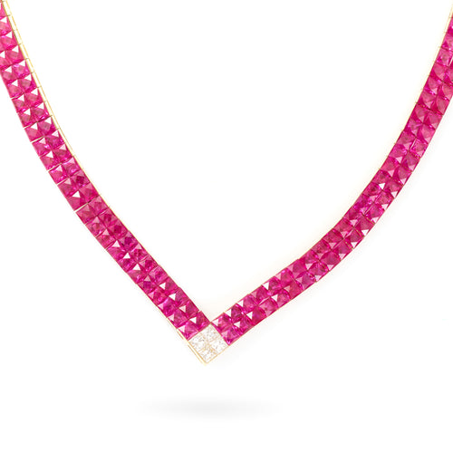 18-Carat Princess Cut Ruby and Diamond Omega Necklace