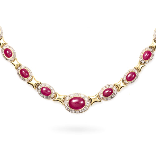 18k Yellow Gold Oval Cabochon Ruby and Diamond BIB Choker Necklace