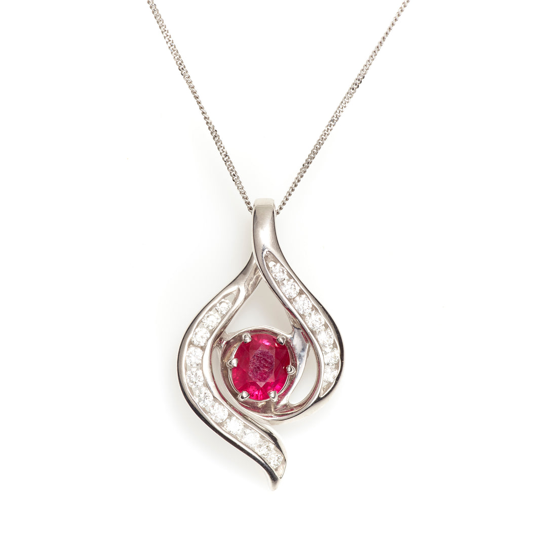 Ruby and Diamond Bypass Pendant Necklace in 14k White Gold