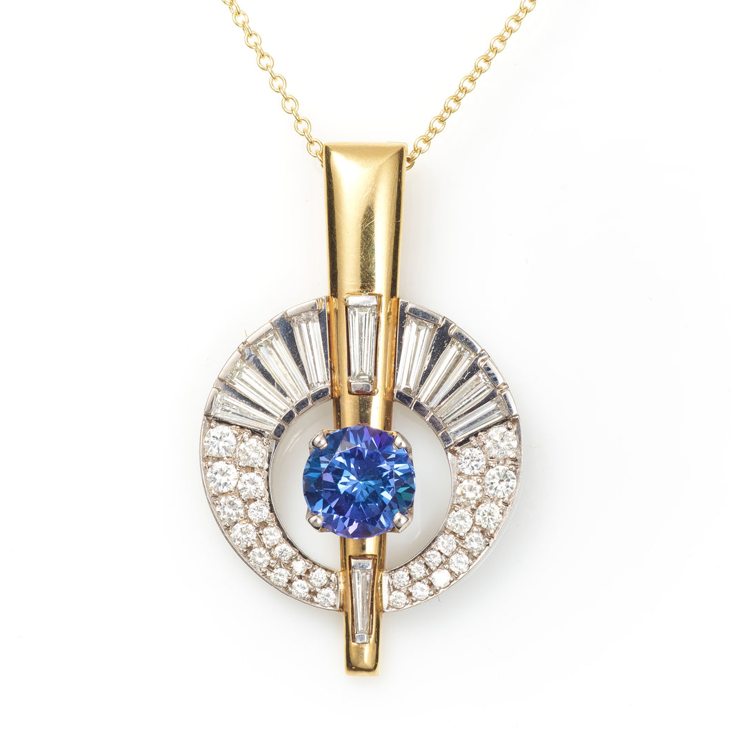 Tanzanite and Baguette Diamond  Necklace in 14k Yellow Gold