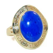 Load image into Gallery viewer, Vintage Estate Large Cabochon Lapis Lazuli Greek Keys Front Ring In 14k Yellow Gold
