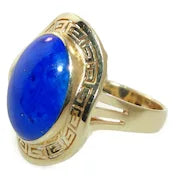 Load image into Gallery viewer, Vintage Estate Large Cabochon Lapis Lazuli Greek Keys Front Ring In 14k Yellow Gold
