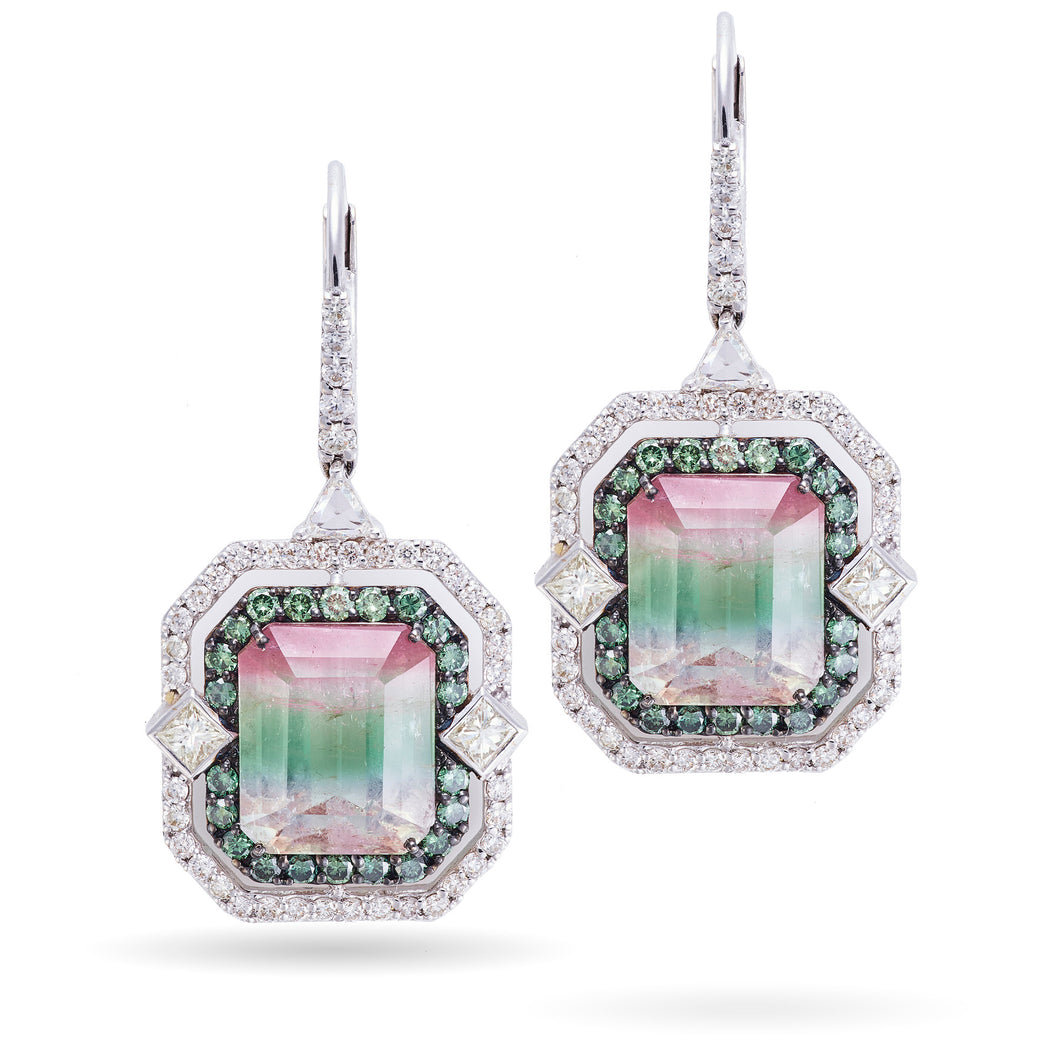 Custom-Made Watermelon Tourmaline, Tsavorite Garnet and Diamond Earrings in 14k White Gold