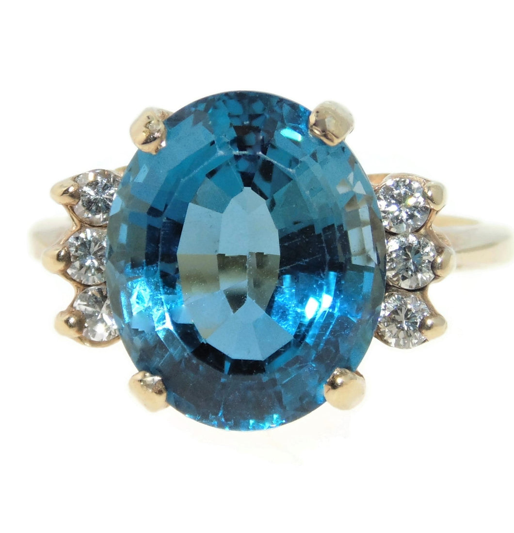 Estate 5.0 carat Blue Topaz Statement Ring in 14k Yellow Gold with Diamonds