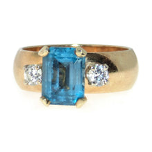 Load image into Gallery viewer, Estate Blue Emerald Cut Topaz Ring in 14k Yellow Gold with Diamonds
