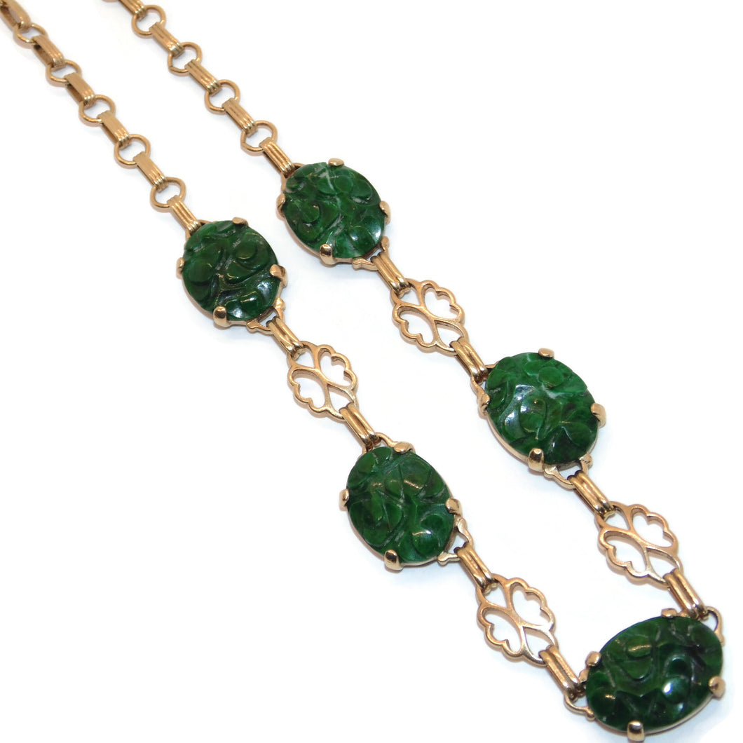 Vintage Jade Carved Floral Front Necklace in Yellow Gold