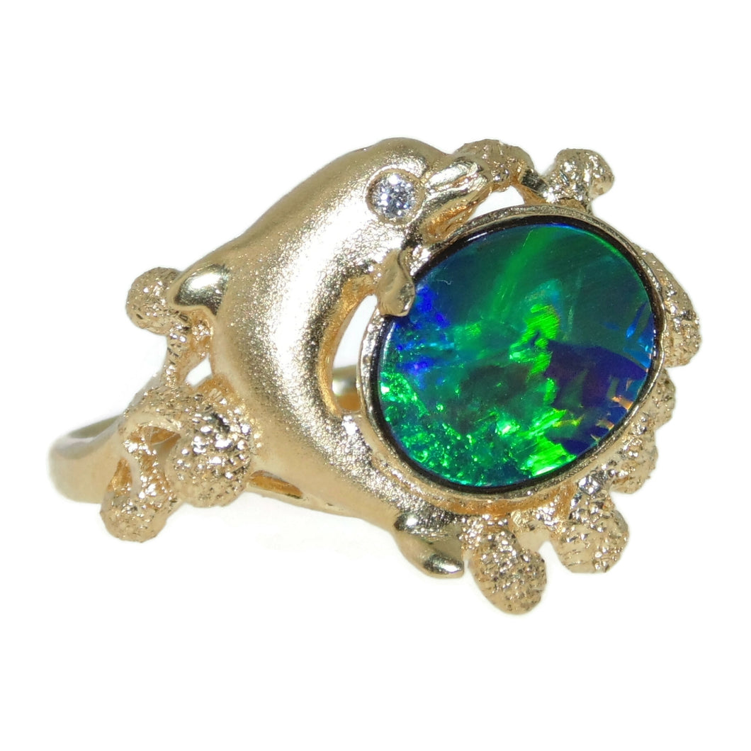 Estate Australian Opal Dolphin Ring in 18k Yellow Gold with Diamond Accent