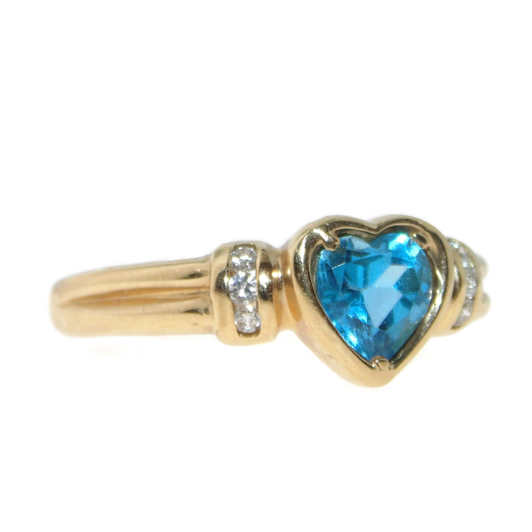 Estate Heart Shaped Blue Topaz Diamond Ring in 14k Yellow Gold